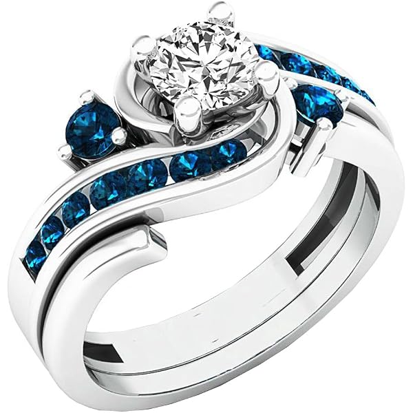 1.00 Carat 10k White Gold 3-Stone Engagement Ring With White & Blue Diamonds - Size 9, Bridal Jewelry With Gift Box