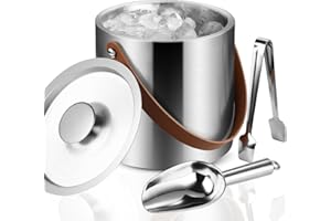 Bakpoco Stainless Steel Double-Wall Insulated Ice Bucket with Lid, Scoop, Tong, Strainer, Leather Handle Keep Ice Frozen Longer Large Wine Ice Buckets for Parties Cocktail Bar Chilling Champagne 2L