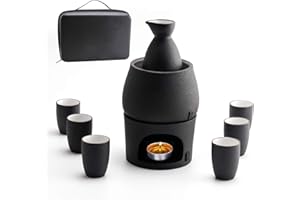 Sake Set and Cups with Warmer Keep Sake Storage Gift Box, Traditional Porcelain Japanese Pottery Hot Saki Drink, 9-Piece Incl