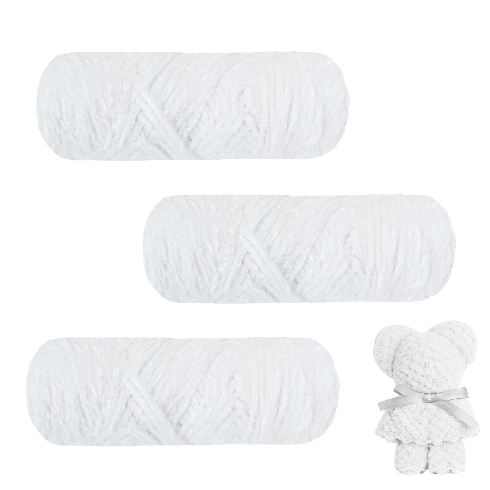 AUAUY Chunky Chenille Yarn, 3 x 100g Super Soft Velvet Yarn for Knitting, Crocheting, Blankets, Scarves & DIY Works - White
