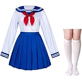 Japanese School Girls Uniform Sailor Navy Blue Pleated Skirt Anime Cosplay Costumes with Socks Set(SSF13)