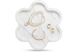 WORHE Natural Marble Tray for Jewelry Makeup Perfume, Flower-Shaped Stone Vanity Tray for Bathroom Bedroom Dresser Countertop, Handcrafted Italy Storage Organizer for Home Decor White (WH057)