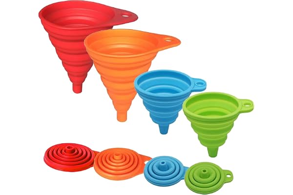 Foldable Silicone Funnel Set (4 Pack) – Collapsible Small & Large Funnels for Kitchen, Water Bottles & Liquid Transfer – Food Grade