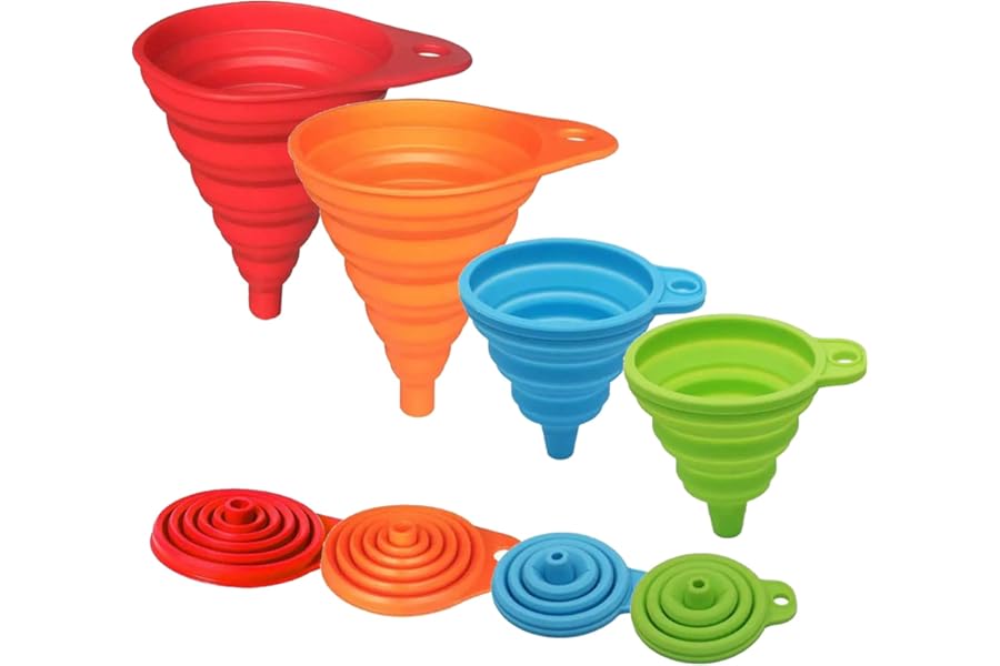 Foldable Silicone Funnel Set (4 Pack) – Collapsible Small & Large Funnels for Kitchen, Water Bottles & Liquid Transfer – Food Grade