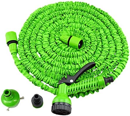 Expandable and Retractable Green Codomoxo® Water Hose, Approx. 15.2, 22.8, 30.4, 38.1, 45.7 m, Seven jet Spray Gun and Universal Connector Buttons