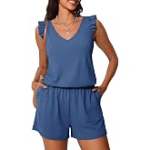 Summer Mae Ruffled Swim Romper One Piece Women Modest Swimsuit | High-back design,V neck,Double layer swim shorts with pockets,High waist,Tummy control,Modest,Blouson,Beach,Tropical vacation