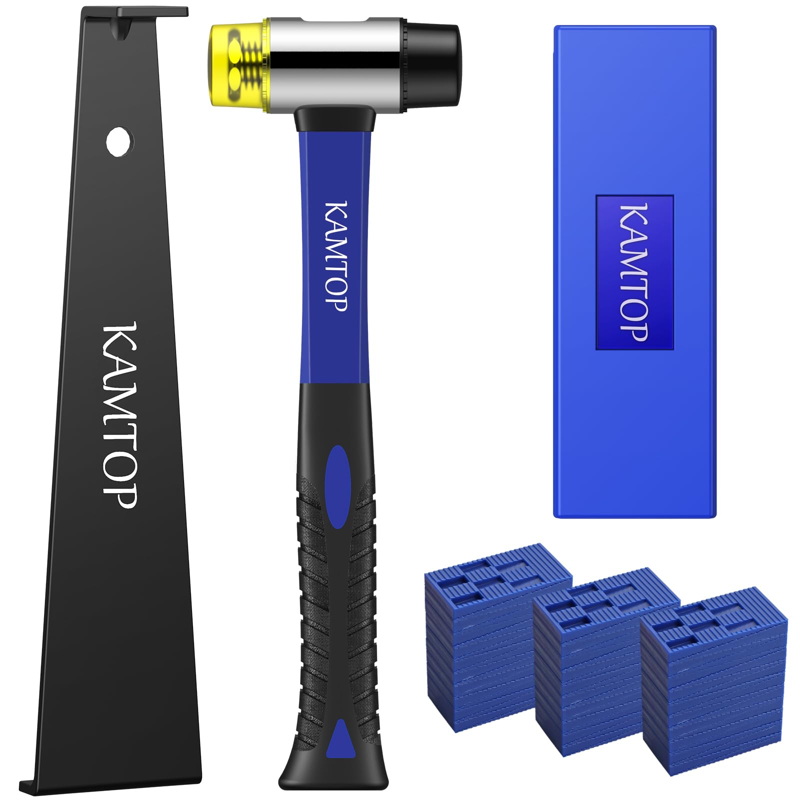 Kamtop Laminate Wood Flooring Installation Tools Kit with 60 Spacers, Floor Fitting Tool, Laminate Floor Repair Kit with Floor Spacers, Double-Faced Mallet, Rubber Tapping Block, Heavy Duty Pull Bar
