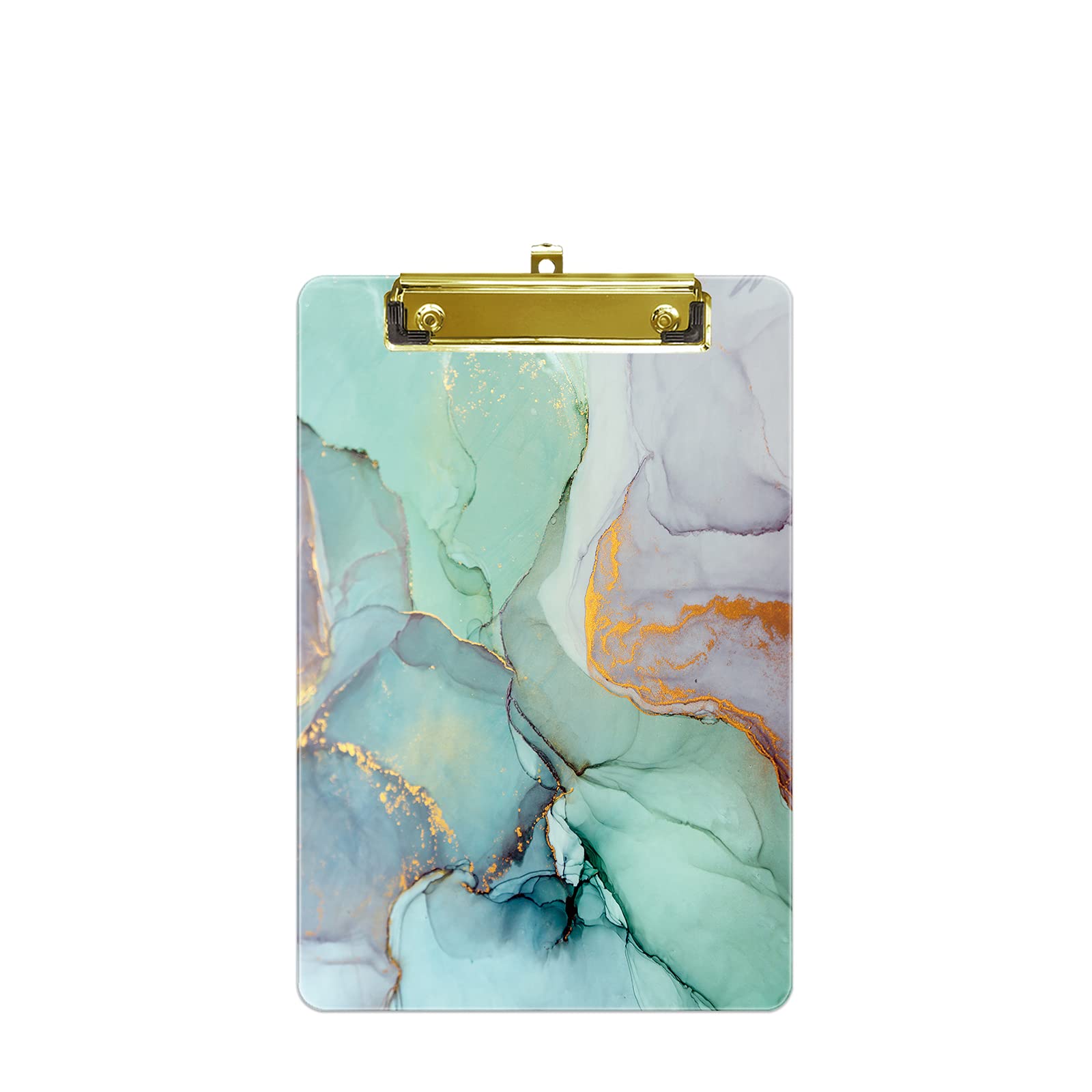 Hnogri Small Plastic Clipboard, Fashion Design A5 Size Memo Clipboards for Students, Kid, Women, Office, School, Low Profile Clip, Cute Custom Pattern, Mini Clipboard Size 6" x 9", Green Marble