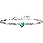 AllenCOCO Sterling Silver Heart Birthstone Bracelet, 14K White Gold Plated, AAAAA+ CZ Cubic Zirconia, Tennis Chain with Heart Charm, Hypoallergenic, Non-Tarnish Jewelry Gift for Women