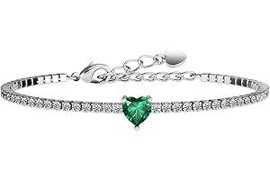 AllenCOCO Sterling Silver Heart Birthstone Bracelet, 14K White Gold Plated, AAAAA+ CZ Cubic Zirconia, Tennis Chain with Heart Charm, Hypoallergenic, Non-Tarnish Jewelry Gift for Women