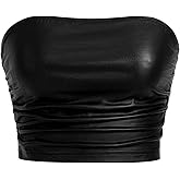 SOLY HUX Women's Ruched Tube Tops Strapless Sleeveless Bandeau Y2k Going Out Crop Top Plain Black Medium