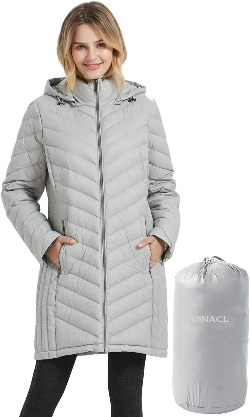 Womens Winter Jacket,Packable Down Hooded Long Outwear with Carrying Pouch Snowboard Mountain Snow Casual Overcoat Puffer Coat Best with Hat Sweaters Jeans Gifts for Wife/Mom/Daughter,Grey S