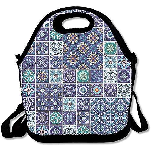 Traditional Mosaic Azulejo Portuguese Cultural Ceramic Tiles Folk Design Lunch Bag Tote For School Work Outdoor