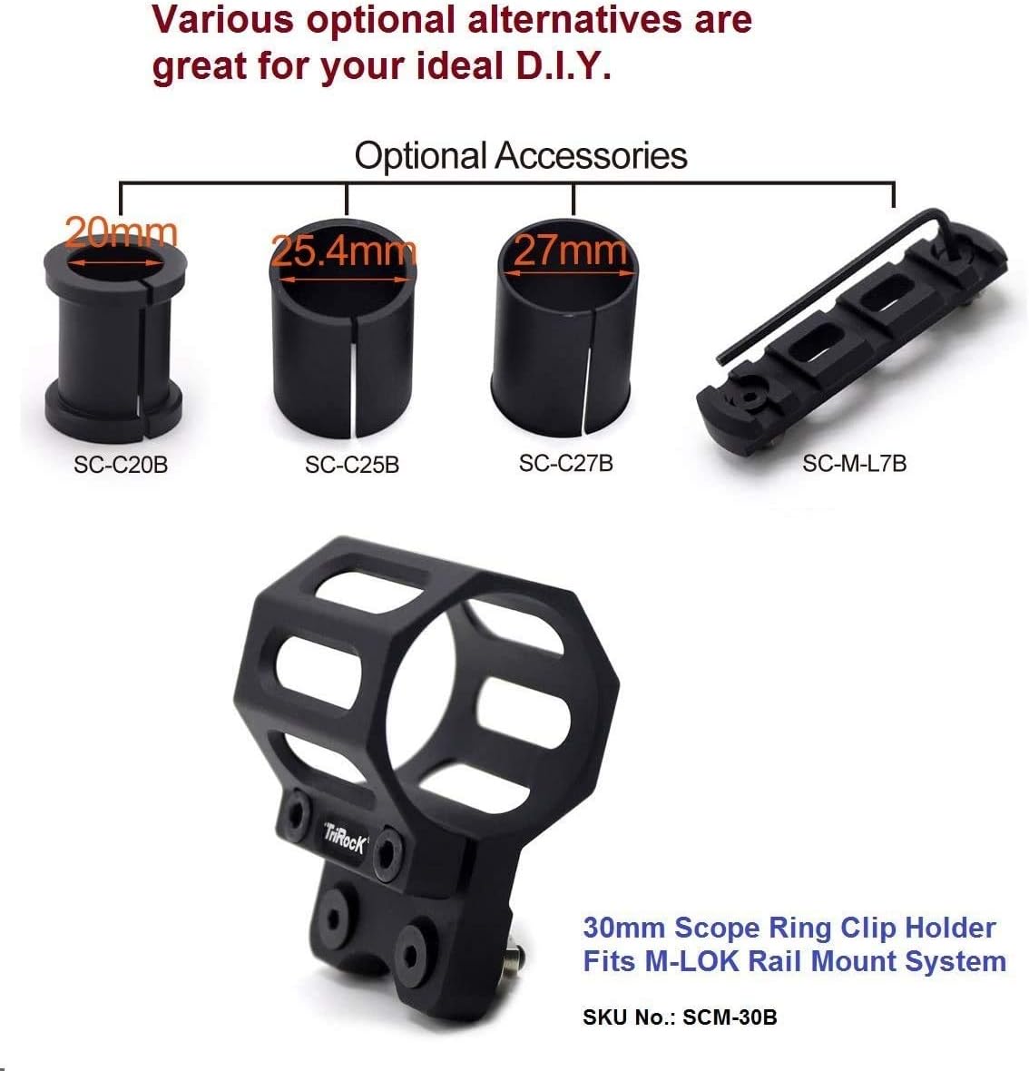 TRIROCK Various Alternatives 30mm 25.4mm 20mm 27mm Flashlight Scope Ring Clip Holder Mount kit Fits Rail System - Image 3