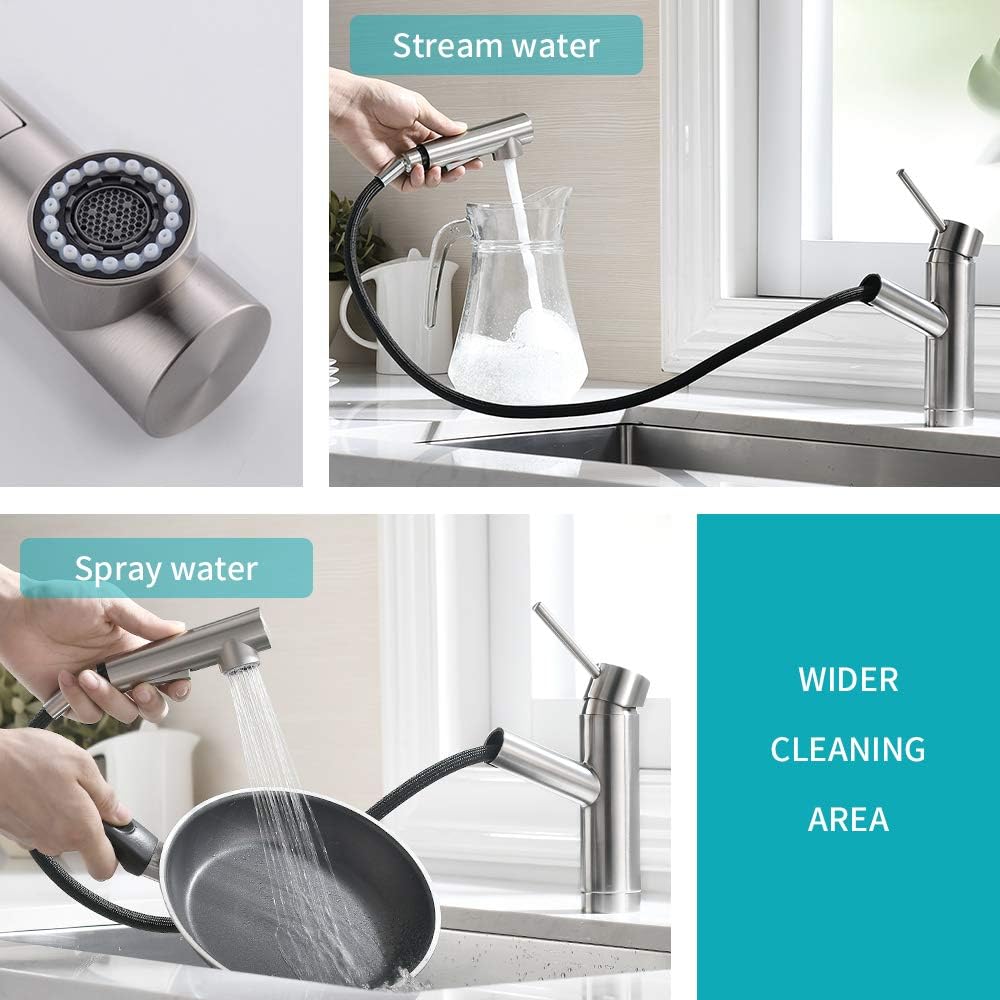 Pull Out Kitchen Sink Faucet in Brush Nickel, cUPC Certified Sink Bar Faucet Single Hole, Prep Sink Faucet with Sprayer in Brushed Nickel - - 