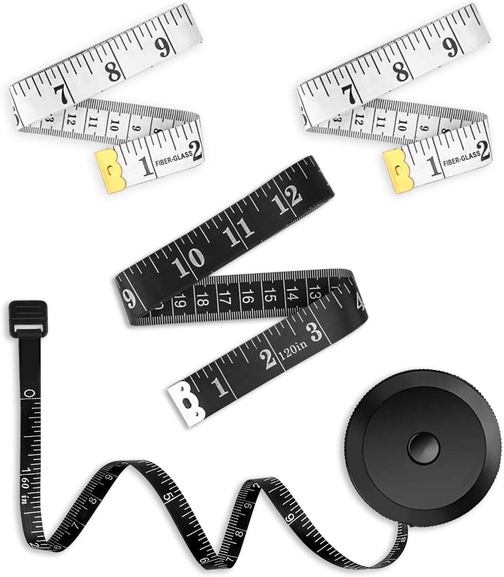 4 Pack Tape Measure,Measuring Tape for Body,Sewing Cloth Fabric Knitting Craft Measurements, and120-Inch Soft Measure, 60-Inch Retractable Black Tape Measure Body Measuring Tape Set, Dual Sided