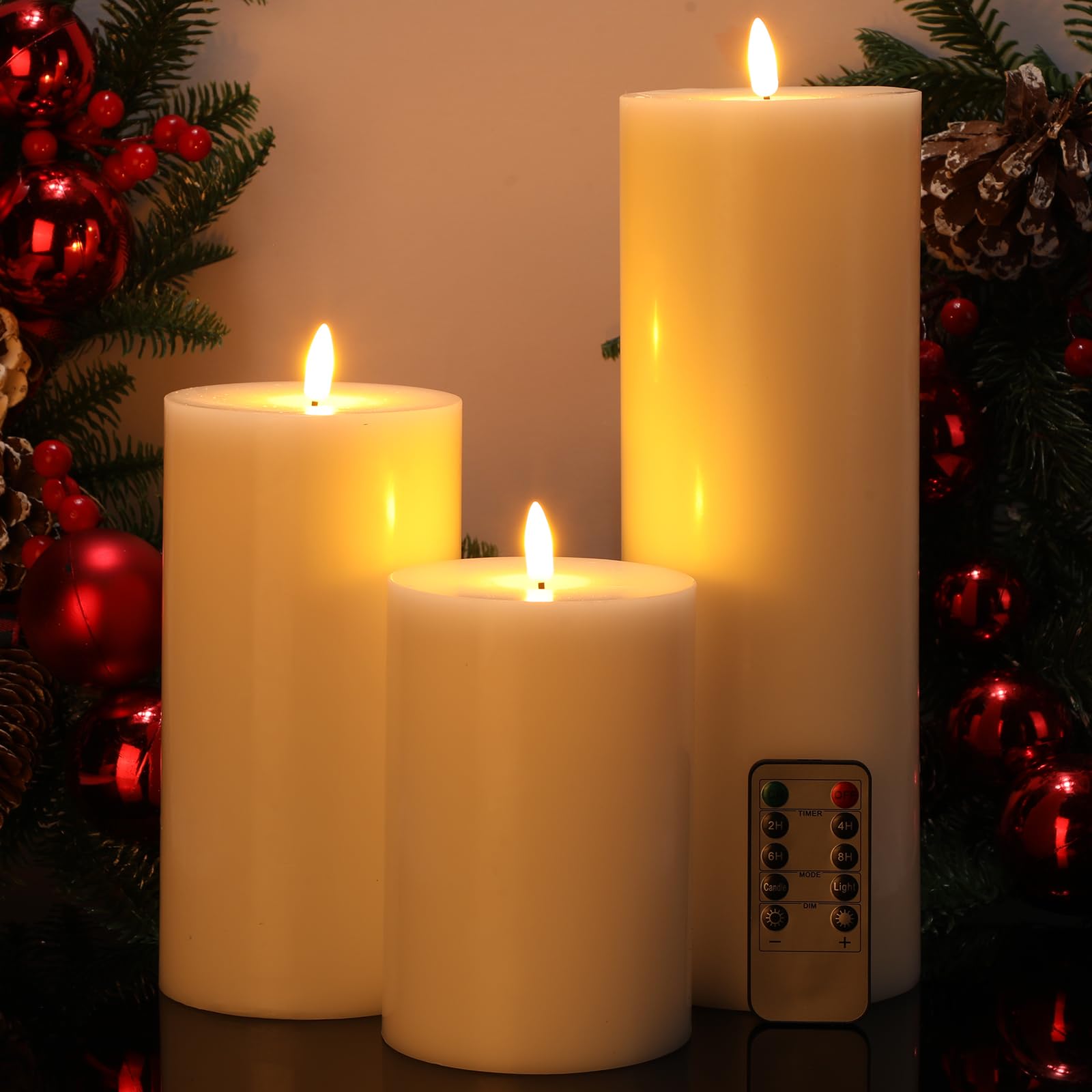 Photo 1 of Retisee 3 Pcs Fall Thanksgiving WhiteLarge Flameless LED Battery Operated Candles with Remote Pillar Flameless Flickering Candles for Indoor Outdoor Party Wedding Light Decor(6''/8''/12'' x 4'')