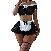 Jelove Women Mini Skirt Mesh Sheer Lace French Maid Costume Outfit Sexy Lingerie with Thong Set(Black, S)