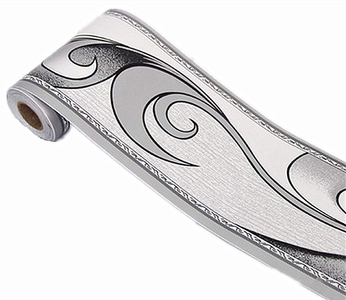 Ssamall Waterproof Wall Borders Self Adhesive Grey Wave Decorative Peel and Stick Wallpaper border for Wall Covering PVC Tile for Bathroom Kitchen 10cmx10m