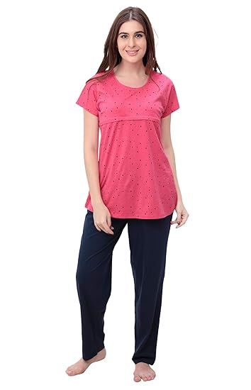 Women's Cotton Night Dress with Dot Print (Carrot Pink-Navy, XXL)