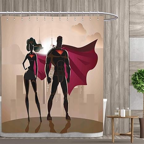 Amazon Anniutwo スーパーヒーロー シャワーカーテンコレクション シルエット オブ スーパーヒーロー カップル レイン ナイトディフェンダー イラスト パターン シャワーカーテン 36インチx72インチ ブルー ブラック 48 X 72 Inch シャワーカーテン ホーム