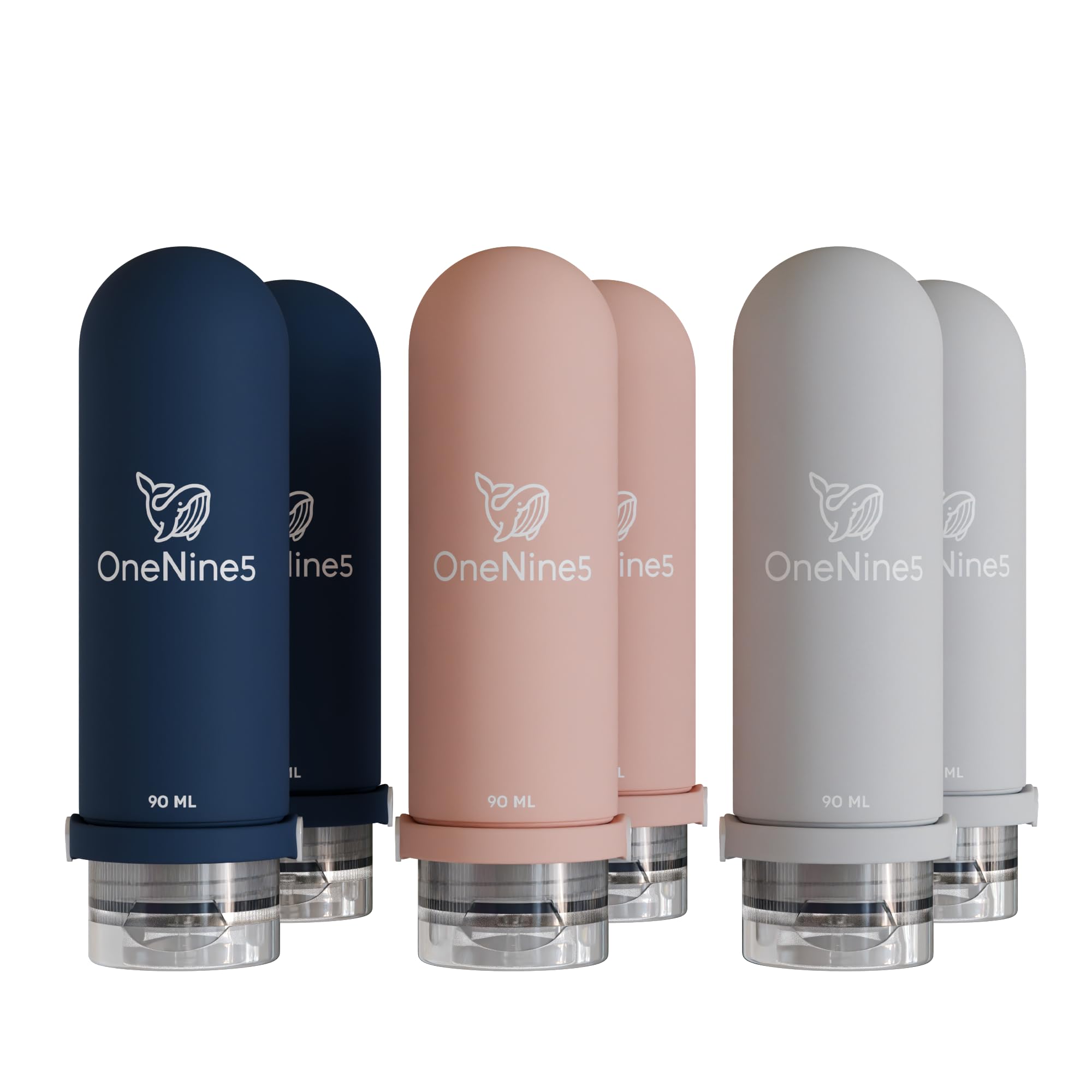 OneNine5 6-Pack of 65ml Grey/Pink/Blue Silicone & Reusable Travel Bottles. TSA/Airline Approved. With Squeezy, Refillable & Leak-Proof Design. For Toiletries & Cosmetics.