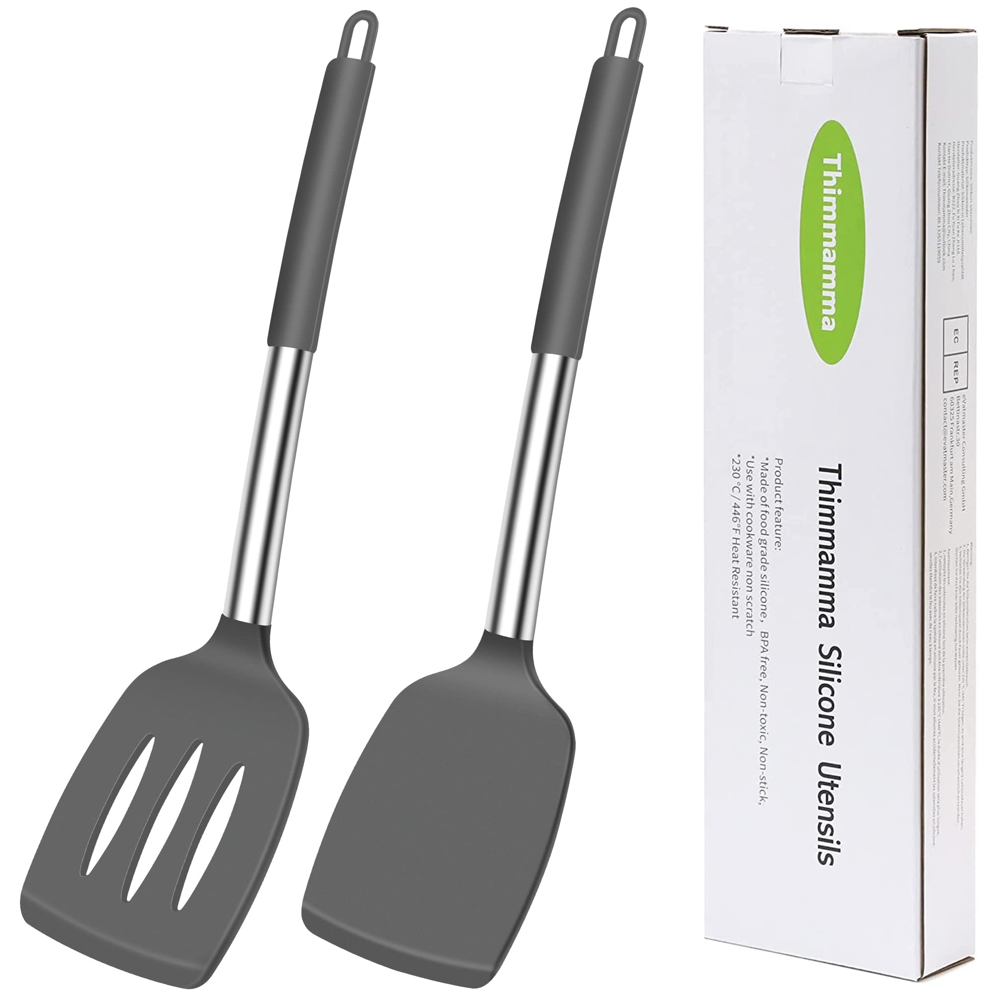 Silicone Spatula Turner, 2 Pack Heat Resistant Slotted Spatula Solid Turner for Cooking, BPA Free Large Black Silicone Spatula Kitchen Utensils for Baking Non Stick Cookware, Dishwasher Safe,Grey — image 1