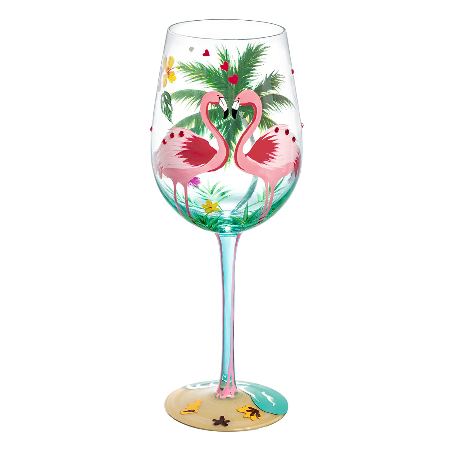 NymphFable Hand Painted Wine Glass Flamingo Glass 15oz Palm Tree Flower Anniversary Birthday Gifts for Women