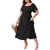 SCOMCHIC Women's Plus Size Summer Dress Casual Short Sleeve Scoop Neck Maxi Dress Smocked Ruffle Boho Flowy Long Dresses