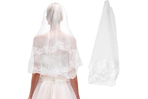 White Ivory Wedding Veil Short, Lace Short Veils for Brides 1 Tier Women Party Bachelorette Fingertip Length 59''