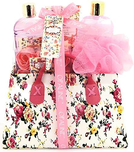 Hydrangea & Peony Luxury Bath Spa Gift Set in Purse Box- Shower Gel, Bubble Bath, Body Lotion, Rose Shaped Soap, Puff