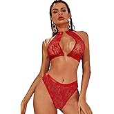 RNHGBB Womens Sexy Lace Lingerie Sets 2 Piece, Halter Bra and Panty Set for Women Valentines Day Lingerie, Red, Onesize 2-8