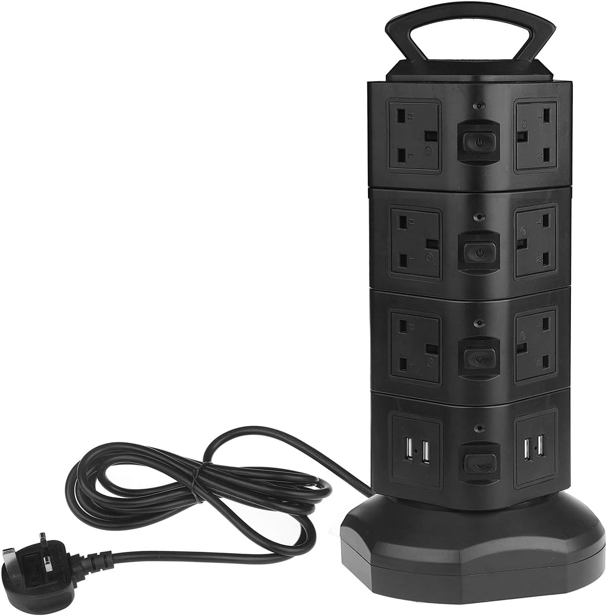 Vinteky Power Strip Extension Lead with USB Slots, Surge Protector Vertical Tower Socket, 3M/9.8ft Multiple Way Outlets with 4 USB Ports Electric UK Plug Black (Four Layers)