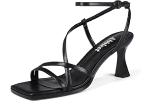 Abbleet Kitten Heels for Women - Square Open Toe Strappy Heeled Sandals with Ankle Strap - Wedding Dress Heels