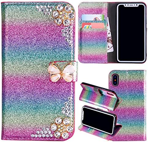 IKALITE 3D Bling Glitter Butterfly Diamond Pattern Wallet Leather Stand Function Flip Kickstand Magnetic Book Wallet with Card Slot Holder Protective Cover for iPhone 6S iPhone 6