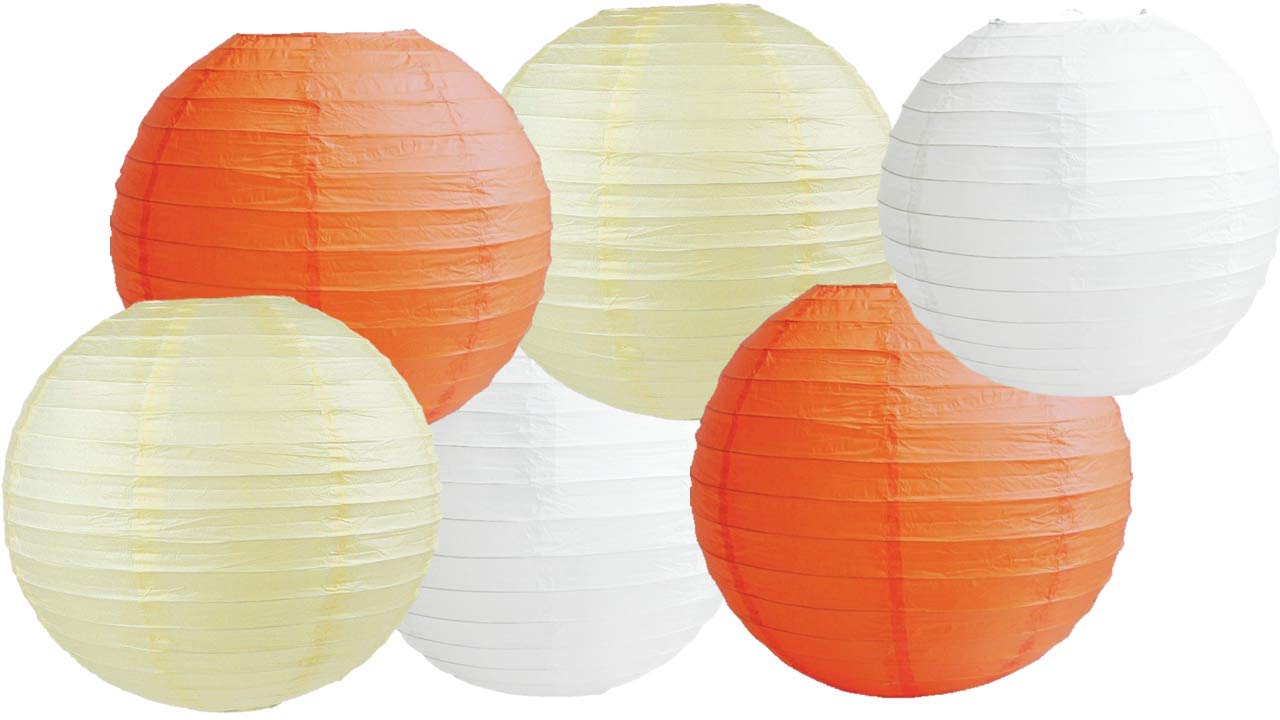 Paper Lanterns Mix Color Packs of 6 Round Paper Lanterns Lampshade (Orange Ivory Shade, 8" (20 Cm))