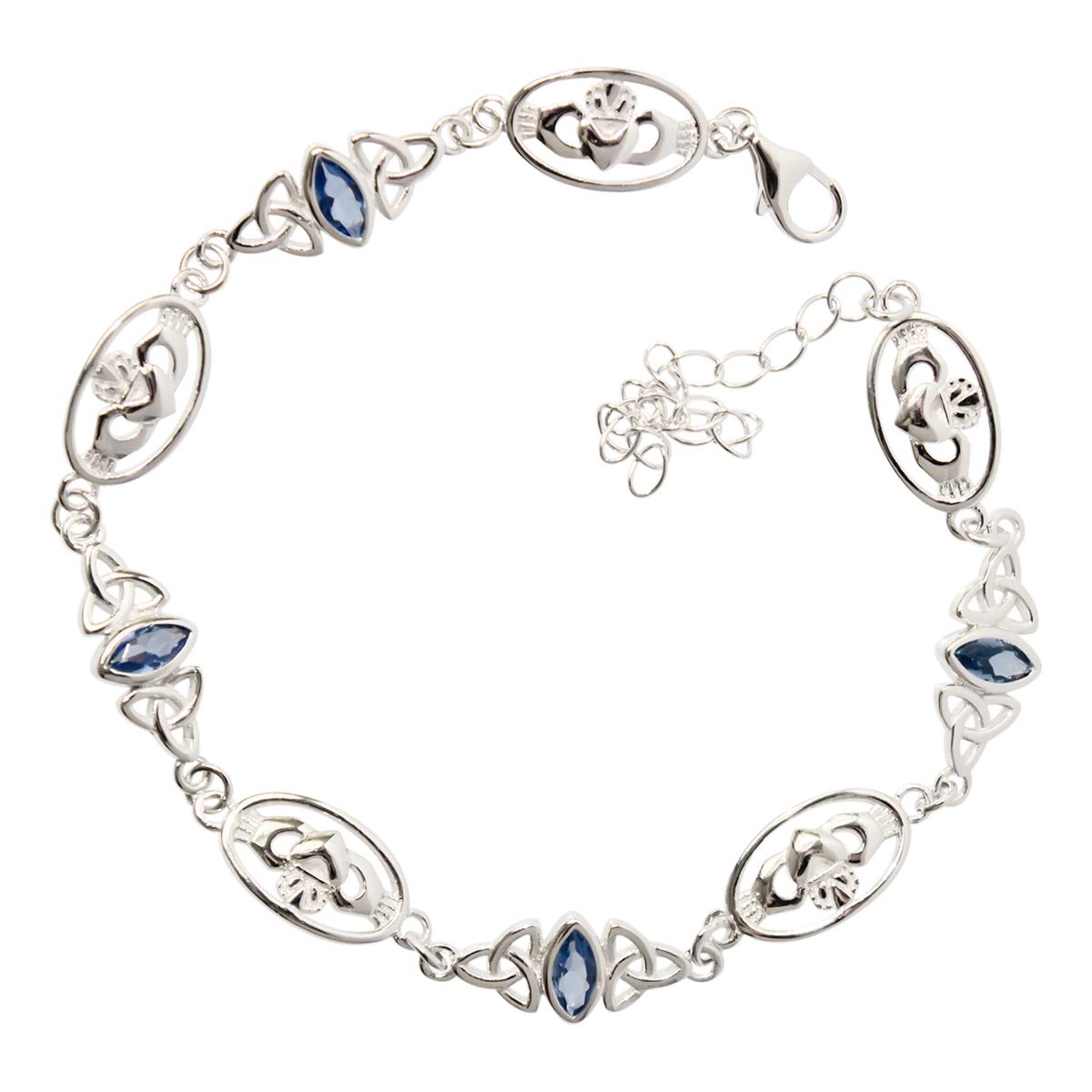 GWG Jewellery 925 Sterling Silver Irish Claddagh and Celtic Trinity Knot Graced with Aquamarine Sea Blue Marquise Crystal Links Bracelet in Gift Box for Women
