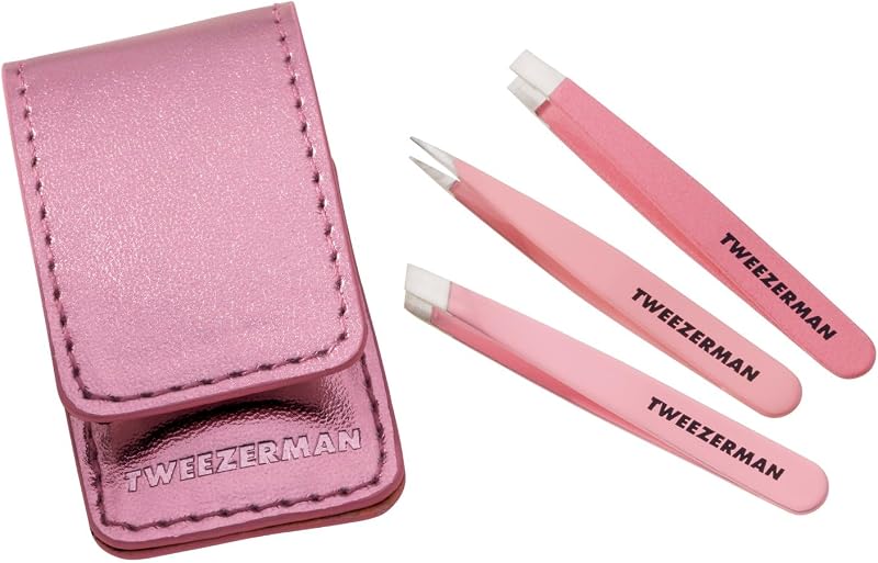 Tweezerman Pink Micro Mini Tweezer Set 3 Pieces Slant Straight Point Case