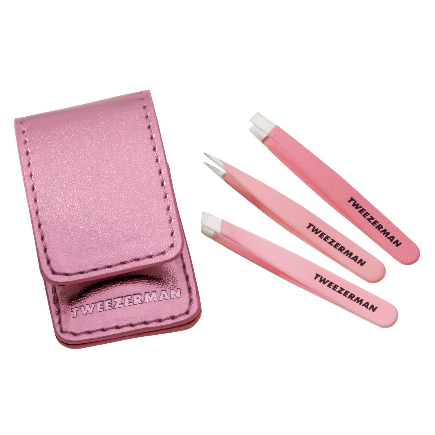 Tweezerman Pink Micro Mini Tweezer Set, Includes 3 Micro Mini Tweezers - Slant, Straight & Point, and a Pink Protective Travel Case, (Pack of 3)