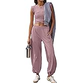 Glamaker Women's Two Piece Athletic Sets Casual Workout Sleeveless Cropped Tops High Sweatpants Joggers Tracksuits