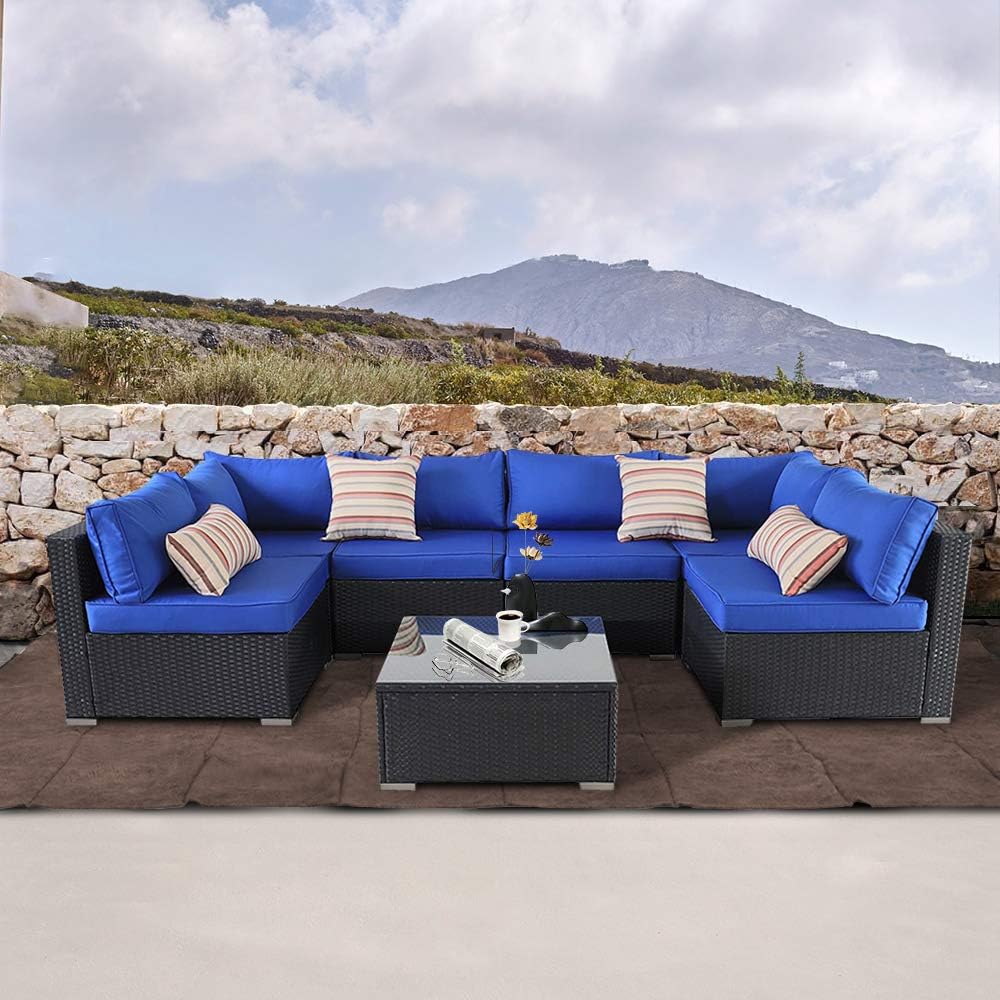 Patio Sofa Outdoor Rattan Couch Wicker 7PCS Sectional Conversation Sofa for Christmas Lawn Garden Patio Furniture Set New Black Royal Blue Cushion