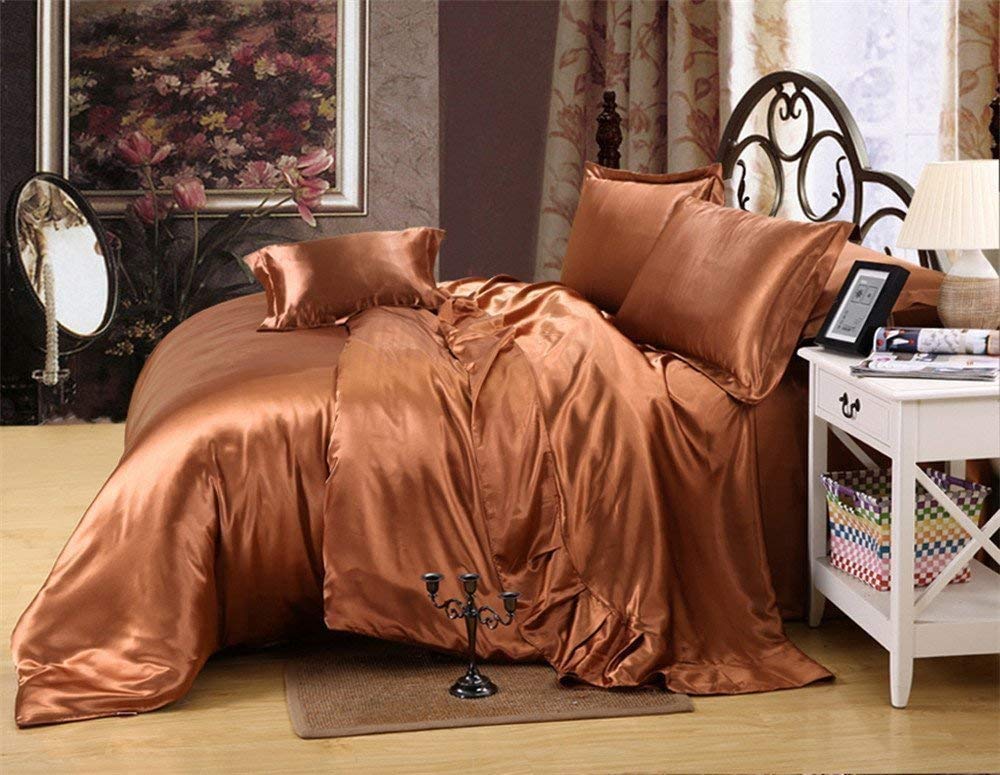Reliable Bedding 100% Pure Silk Satin Sheet Set 7pcs, Silk Fitted Sheet 15'' Deep Pocket,Silk Flat Sheet,Silk Duvet Cover & Pillowcases Set !!! Full, Brown