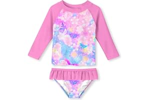 ACOCOPY Girls Two Pieces Swimsuit Long Sleeve Crewneck Bathing Suit Cool Print Rash Guard Tankini Swimwear 1-10 Years