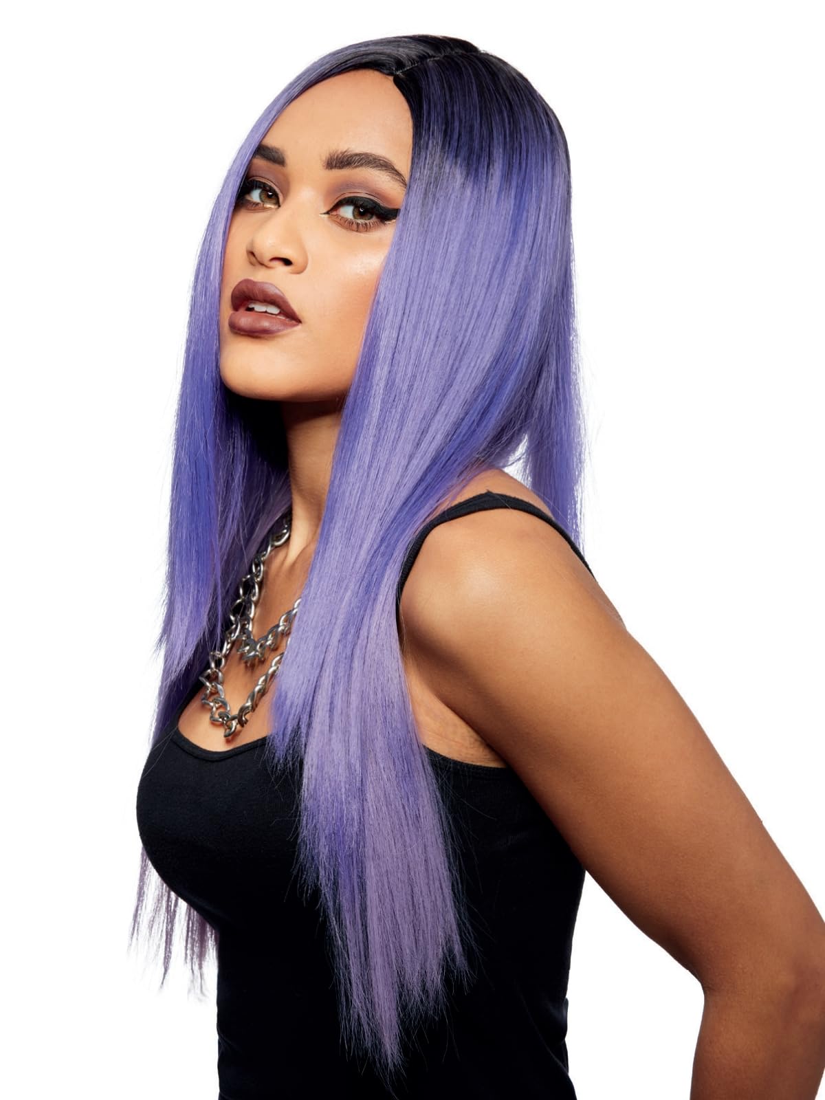 Smiffys Official Manic Panic® Amethyst Ombre™ Super Vixen™ Wig, Long Straight Wig, Heat Styleable with Adjustable Cap, in Purple Ombre Shades and Realistic Root Effect. Pre-styled wig