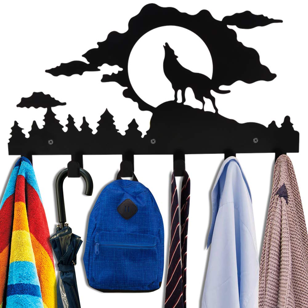 Wall Mounted Coat Rack,Kathy Metal Towel Hook Rack Moon Cloud Animal Wolf Hanger for Bathrooms Kitchen Door Hanging Key Robe Belt Bag Umbrella-6 Hooks,Black