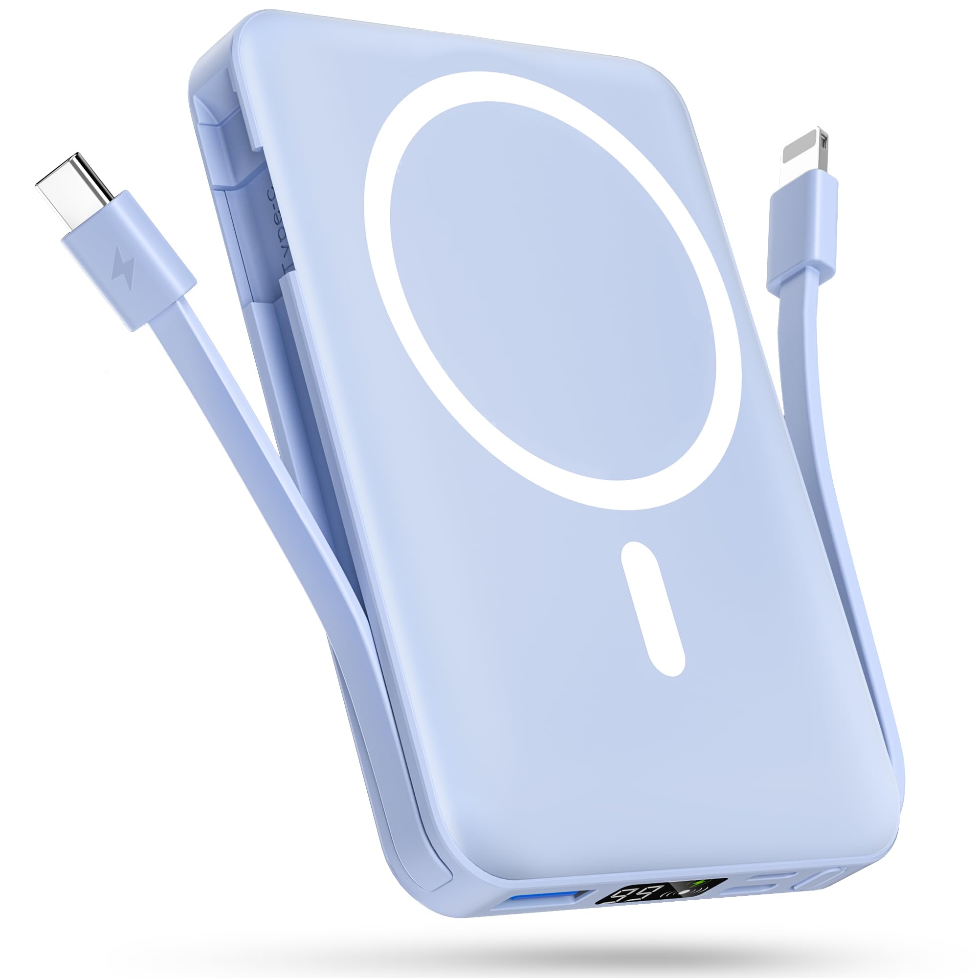 podoru Wireless Portable Charger, 10000mAh Magnetic Power Bank Built-in USB C Lighting Cables 22.5W PD Fast Charging LED Display Mag-Safe Battery Pack for iPhone 15/14/13/12/Mini/Pro Max - Sierra Blue