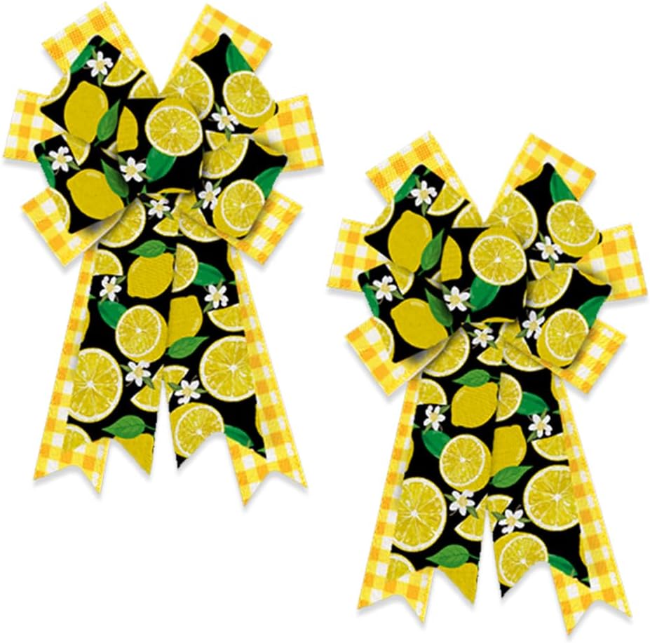 Bows & Ribbons - 2pcs Summer Wreath Bows Summer Lemons Flower White Yellow Plaid Burlap Bows for Wreaths, Summer Fruits Ribbon Bows Tree Topper Bows for Summer Home Indoor Outdoor Decoration Wreath Ornament Supplies