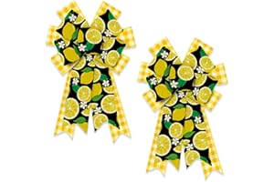 HEUREPPY 2pcs Summer Wreath Bows Summer Lemons Flower White Yellow Plaid Burlap Bows for Wreaths, Summer Fruits Ribbon Bows Tree Topper Bows for Summer Home Indoor Outdoor Decoration Wreath Ornament Supplies