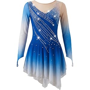 LIUHUO Ice Figure Skating Dress Women's Girls Blue Gradient Long Sleeves Hand Diamond Competition Elasticity