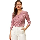 Allegra K Women's Vintage Polka Dots 3/4 Sleeve Button Front V Neck Casual Office Blouse Top